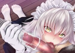  1boy 1girl chocomint725 commentary_request commission fate/grand_order fate_(series) grey_hair highres jeanne_d&#039;arc_alter_(fate) kissing_penis lipstick_mark looking_at_viewer maid maid_headdress penis skeb_commission thighhighs vacuum_cleaner yellow_eyes  rating:Explicit score:20 user:danbooru