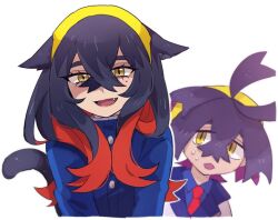  1boy 1girl :d animal_ears black_hair blue_jacket blueberry_academy_school_uniform brother_and_sister carmine_(pokemon) cat_ears cat_girl cat_tail chiimako colored_inner_hair creatures_(company) crossed_bangs eyelashes fang game_freak hair_between_eyes hairband jacket kieran_(pokemon) long_hair long_sleeves looking_at_viewer mole mole_on_neck mole_under_eye multicolored_hair necktie nintendo open_mouth pokemon pokemon_sv purple_hair red_hair red_necktie school_uniform siblings smile tail two-tone_hair upper_body white_background yellow_eyes yellow_hairband 