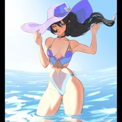  1girl alternate_costume bikini black_hair breasts choker hat long_hair medium_breasts mona_(genshin_impact) ocean roseghart swimsuit thick_thighs thighs  rating:Sensitive score:19 user:danbooru