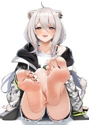  1girl :d ahoge animal_ear_piercing animal_ears bare_legs barefoot black_eyes black_nails blush bra_strap camouflage camouflage_jacket casino_(casinoep) commentary_request crossed_ankles feet feet_up foot_focus grey_hair grey_jacket hair_between_eyes highres hololive jacket lion_ears lion_tail long_hair long_sleeves low_twintails nail_polish off_shoulder open_mouth shirt shishiro_botan shishiro_botan_(casual) simple_background sitting sleeves_past_wrists smile solo tail toenail_polish toenails twintails virtual_youtuber white_background white_shirt  rating:Sensitive score:167 user:danbooru
