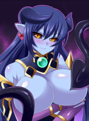  1girl astaroth_(shinrabanshou) black_sclera blue_hair blue_skin blush breast_hold breasts breasts_out colored_sclera colored_skin covering_privates covering_breasts demon_girl earrings heart heart_earrings horns huge_breasts jewelry long_hair looking_at_viewer nishida_megane pointy_ears shinrabanshou slit_pupils smile solo tail wings yellow_eyes  rating:Questionable score:67 user:danbooru