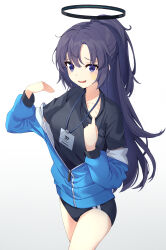  1girl absurdres bare_legs black_buruma black_sleeve_cuffs black_undershirt blue_archive blue_eyes blue_jacket blue_sleeves breasts buruma collarbone commentary_request cowboy_shot gradient_background grey_background hair_flaps halo hands_up high_ponytail highres id_card jacket light_blush long_hair long_sleeves looking_to_the_side mechanical_halo medium_breasts off_shoulder open_mouth partially_open_jacket puffy_sleeves pulling_own_clothes purple_hair solo star_on_cheek sticker_on_face sweatdrop track_jacket two-tone_background white_background yu_sa1126 yuuka_(blue_archive) yuuka_(track)_(blue_archive) 