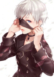  1boy android blindfold blue_eyes collar highres kumatani looking_at_viewer male_focus nier_(series) nier:automata open_mouth solo white_hair 9s_(nier:automata)  rating:General score:9 user:St._Araqiel