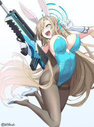  1girl :d animal_ears assault_rifle asuna_(blue_archive) asuna_(bunny)_(blue_archive) asymmetrical_footwear black_pantyhose blonde_hair blue_archive blue_eyes blue_footwear blue_halo blue_leotard blue_ribbon breasts bullpup covered_erect_nipples covered_navel eyes_visible_through_hair fake_animal_ears famas floating_hair gloves gun hair_over_one_eye hair_ribbon halo hands_up hibi_tsuna high_heels highleg highleg_leotard highres holding holding_gun holding_weapon large_breasts leotard long_hair mismatched_footwear mole mole_on_breast official_alternate_costume open_mouth pantyhose parted_bangs rabbit_ears ribbon rifle round_teeth sideboob smile solo teeth thighband_pantyhose trigger_discipline upper_body very_long_hair weapon white_gloves 
