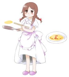  1girl apron back_bow blush bow brown_eyes brown_hair chopsticks collared_dress dress eyes_visible_through_hair flat_chest food frying_pan hair_ornament hair_ribbon hairclip holding holding_chopsticks holding_frying_pan ketchup long_hair nonamejd official_style omelet plate puffy_short_sleeves puffy_sleeves purple_footwear red_ribbon ribbon rika_(touhou) short_sleeves simple_background slippers solo standing touhou touhou_(pc-98) white_apron white_background white_bow white_dress zun_(style) 