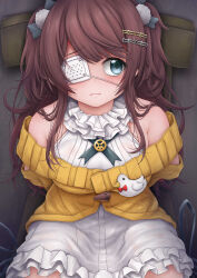  1girl absurdres arms_behind_back azyapa3 breasts brown_hair commentary_request cowboy_shot cross_tie dress eyepatch frilled_dress frills grey_eyes hair_ornament hairclip highres long_hair looking_afar looking_to_the_side mahjong_soul medical_eyepatch medium_bangs medium_breasts off-shoulder_sweater off_shoulder pom_pom_(clothes) pom_pom_hair_ornament shinomiya_fuyumi sidelocks sleeveless sleeveless_dress solo sweater two_side_up white_dress yellow_sweater 