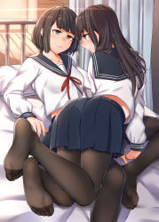 2girls all_fours arm_support bad_id bad_pixiv_id bed bed_sheet black_legwear blouse blue_sailor_collar blue_skirt brown_hair closed_mouth collarbone curtains day drawer eye_contact eyebrows feet from_behind grey_eyes highres indoors kyuuso_inukami light_rays lips long_hair long_sleeves looking_at_another lying multiple_girls neckerchief no_shoes on_back on_bed original pantyhose pillow pleated_skirt red_ribbon ribbon room sailor_collar school_uniform serafuku shelf shirt short_hair sidelocks skirt smile soles spread_legs sunlight toes white_shirt wooden_floor yuri rating:Sensitive score:87 user:danbooru