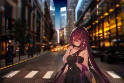  1girl arm_ribbon bare_shoulders black_dress black_gloves blurry blurry_background blush city city_lights cityscape collarbone cowboy_shot dress earrings girls&#039;_frontline gloves half_gloves hand_up highres jewelry long_hair looking_at_viewer night official_alternate_costume outdoors purple_hair red_eyes red_ribbon ribbon road solo soukou_makura street wa2000_(ballroom_interlude)_(girls&#039;_frontline) wa2000_(girls&#039;_frontline) wide_shot 