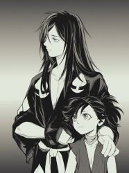  1boy 1girl :| absurdres black_hair child closed_mouth collarbone commentary dororo_(character) dororo_(tezuka) expressionless flat_chest florbetriz gradient_background greyscale hair_between_eyes hand_on_another&#039;s_shoulder highres hyakkimaru_(dororo) long_hair looking_to_the_side monochrome parted_bangs pectorals short_hair standing upper_body  rating:General score:6 user:danbooru