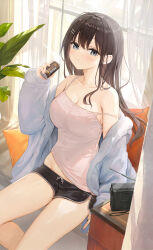  1girl backlighting black_shorts blue_eyes blue_jacket blush breasts brown_hair camisole can canned_coffee cleavage closed_mouth commentary_request covered_navel cowboy_shot curtains day dolphin_shorts drink_can fuumi_(radial_engine) highres jacket light_particles looking_at_viewer medium_breasts midriff_peek off_shoulder original pillow plant potted_plant radio shirt short_shorts shorts sideboob sitting sleeveless sleeveless_shirt solo strap_slip sunlight white_shirt window 