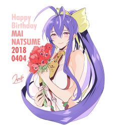  1girl anemone_(flower) antenna_hair arm_up backless_outfit bare_shoulders birthday blazblue blazblue:_central_fiction blazblue_variable_heart blue_hair blush bouquet bow breasts character_name closed_mouth collarbone dated english_text flower genderswap genderswap_(mtf) gift hair_between_eyes hair_bow hair_ribbon half-closed_eyes halterneck happy_birthday holding holding_bouquet holding_flower holding_to_chest large_breasts long_hair looking_at_viewer mai_natsume no_bra ponytail purple_eyes red_flower revealing_clothes ribbon sideboob sidelocks simple_background smile solo sumeshi_(ambivalince) upper_body very_long_hair white_background yellow_bow 