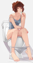 1girl absurdres barefoot blue_camisole breasts brown_hair brushing_teeth camisole collarbone commentary english_commentary closed_eyes feet feguimel full_body grey_panties highres jamee_(feguimel) original panties panty_pull short_hair sitting solo strap_slip tile_floor tiles toes toilet toilet_use toothbrush underwear rating:Questionable score:116 user:danbooru