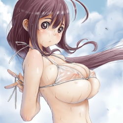 1girl ahoge bikini bikini_top_only blush breasts brown_eyes brown_hair bursting_breasts character_request closed_mouth cloud covered_erect_nipples day female_focus hair_between_eyes homare_(suzu_no_oka) huge_breasts long_hair looking_at_viewer looking_to_the_side micro_bikini navel outdoors purple_eyes purple_hair see-through sidelocks sky solo sweat swimsuit undersized_clothes undressing wet white_bikini rating:Questionable score:114 user:danbooru