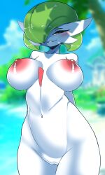  1girl absurdres ashraely blurry blurry_background blush breasts cleft_of_venus creatures_(company) game_freak gardevoir gen_3_pokemon green_hair highres huge_breasts nintendo nipples nude pokemon pokemon_(creature) pussy red_eyes smile solo thighs uncensored water  rating:Explicit score:47 user:Whydoiexist1