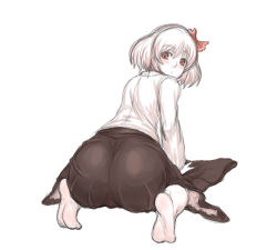1girl all_fours ass ass_focus blush embodiment_of_scarlet_devil feet female_focus from_behind hair_ribbon kuro_suto_sukii looking_back monochrome red_eyes ribbon rumia short_hair simple_background skirt solo touhou rating:Sensitive score:25 user:danbooru