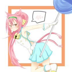  1girl ame0813 animal_ears arc_system_works bare_shoulders bell blazblue blazblue:_continuum_shift blush candy cat_ears cat_girl cat_tail cosplay embarrassed female_focus food frown gloves hairband kokonoe_(blazblue) lollipop long_hair looking_back miniskirt multiple_tails orange_eyes pink_hair platinum_the_trinity platinum_the_trinity_(cosplay) pleated_skirt ribbon skirt solo sweat tail very_long_hair white_background white_gloves yellow_ribbon 
