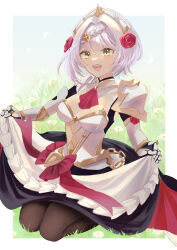  1girl :d absurdres apron armor armored_dress ascot blue_sky boobplate bow braid braided_bangs breastplate breasts brooch brown_pantyhose chain cleavage dress_bow field flower flower_field frilled_apron frills gauntlets genshin_impact gold_chain gold_trim green_eyes grey_hair hair_flower hair_intakes hair_ornament highres jewelry kneeling looking_at_viewer maid maid_apron maid_headdress medium_breasts noelle_(genshin_impact) on_grass open_mouth outdoors outside_border pantyhose red_ascot red_bow red_flower red_rose rose short_hair shoulder_armor sidelocks skirt_hold sky smile teeth tsuchinoko_(vjde8458) tsurime upper_teeth_only white_apron white_flower 