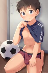 1boy ball blue_eyes briefs brown_hair bulge clothes_lift erection erection_under_clothes highres male_focus male_underwear no_pants red_briefs red_male_underwear shirt_lift shota soccer_ball underwear rating:Questionable score:136 user:Hooly