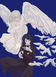  2girls angel_wings ascot bang_dream! bang_dream!_it&#039;s_mygo!!!!! bare_arms bird black_coat black_hair black_pants black_suit blue_background blue_eyes closed_mouth coat commentary_request dress feathered_wings formal gloves green_hair highres holding holding_wand long_hair looking_at_another looking_at_viewer magician multiple_girls odore_(suzukisakana001) off_shoulder pants red_ascot shirt simple_background suit wakaba_mutsumi wand white_bird white_dress white_gloves white_shirt wings yahata_umiri yellow_eyes 