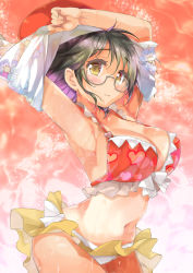 1girl armpits arms_up beret bikini bikini_skirt bikini_top_only black-framed_eyewear black_hair breasts brown_eyes cafe-chan_to_break_time cleavage commentary_request floral_print glasses hat heart heart_print highres large_breasts looking_at_viewer medium_hair navel porurin_(do-desho) print_bikini red_background red_bikini red_hat ringo_(cafe-chan_to_break_time) semi-rimless_eyewear shirt short_sleeves sidelocks solo standing swimsuit under-rim_eyewear undressing wavy_mouth