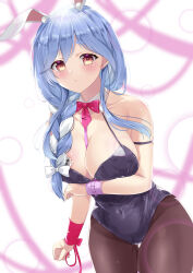  1girl animal_ear_fluff animal_ears arm_under_breasts blue_hair blush braid braided_ponytail breasts cleavage collar detached_collar hair_over_shoulder highres hololive kishimaharuno large_breasts leotard looking_at_viewer mature_female multicolored_hair necktie orange_eyes pekomama playboy_bunny rabbit-shaped_pupils rabbit_ears rabbit_girl red_necktie short_eyebrows solo symbol-shaped_pupils two-tone_hair white_collar white_hair 