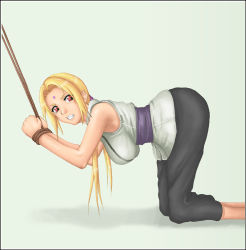 1girl ass bdsm bent_over blonde_hair bondage bound bound_arms breasts clenched_teeth facial_mark female_focus forehead_mark kneeling long_hair naruto naruto_(series) red_eyes rope shadow solo teeth thor_(deep_rising) tsunade_(naruto) twintails rating:Questionable score:19 user:nya