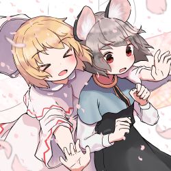  &gt;_&lt; 2girls absurdres animal_ears black_dress blonde_hair blue_capelet blush capelet cherry_blossoms commentary dress eyebrows_visible_through_hair fairy grey_hair hair_between_eyes hat highres kashiwa_kona lily_white long_sleeves mouse_ears multiple_girls nazrin open_mouth petals red_eyes short_hair smile touhou white_capelet white_dress white_headwear 