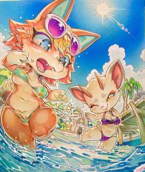  2girls animal_crossing animal_crossing_new_horizons assisted_exposure audie_(animal_crossing) beach bikini blonde_hair blue_sky blush breasts cameltoe cleft_of_venus cloud deer fangs furry green_fur highres horns house medium_breasts multiple_girls nintendo one_eye_closed open_mouth orange_fur palm_tree pier pussy rabbit sasha_(animal_crossing) shino_(animal_crossing) sky sun sunglasses sunglasses_on_head swimsuit tamanosuke tongue tongue_out tree undressing_another water white_fur wink wolf  rating:Explicit score:38 user:kyleevee