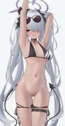  1girl absurdly_long_hair absurdres arms_up bikini_bottom_pull bikini_pull black_choker black_gloves blue_archive breasts choker cleft_of_venus clothes_pull demon_tail eyewear_on_head gloves grey_hair hair_over_one_eye halo highres holding_own_arm iori_(blue_archive) iori_(swimsuit)_(blue_archive) long_hair multi-strapped_bikini_bottom navel pussy red_eyes simple_background small_breasts solo stomach sunglasses sweat tail tan twintails uncensored very_long_hair white_background z.taiga  rating:Explicit score:107 user:danbooru