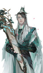  1boy black_hair chinese_clothes closed_mouth cowboy_shot earrings falling_petals fingerless_gloves fingernails gloves hair_ornament highres holding holding_instrument ibuki_satsuki instrument jewelry long_hair long_sleeves looking_ahead male_focus original petals simple_background smile solo swept_bangs traditional_clothes white_background white_gloves 