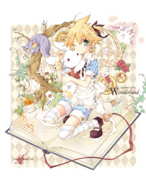  1boy 96mame alice_(alice_in_wonderland) alice_(alice_in_wonderland)_(cosplay) alice_in_wonderland androgynous bad_id bad_pixiv_id bass_clef beamed_quavers blonde_hair book bottle buttons card cheshire_cat_(alice_in_wonderland) child cosplay cup earrings floating_card flower frills garter_straps green_eyes hair_ribbon highres jewelry kagamine_len male_focus musical_note nail_polish one_eye_closed pocket_watch ponytail pop-up_book quaver rabbit ribbon shorts smile solo spoon striped_clothes striped_thighhighs stuffed_animal stuffed_toy tea teacup teapot thighhighs vocaloid watch wink wrist_cuffs zettai_ryouiki  rating:Sensitive score:15 user:danbooru