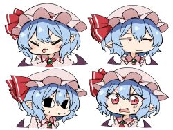  1girl ascot bat_wings blue_hair blush closed_mouth dress expressions hat highres jewelry mob_cap multiple_views open_mouth pink_dress pout red_ascot red_eyes red_ribbon remilia_scarlet ribbon short_hair surprised suwa_yasai tongue tongue_out touhou white_background wings 