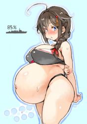  1girl ass big_belly blue_eyes blush bra braid breasts brown_hair female_focus huge_belly kantai_collection large_breasts long_hair navel panties pregnant sachito shigure_(kancolle) solo standing sweat sweatdrop thick_thighs thighs underwear  rating:Questionable score:74 user:anon21