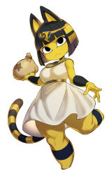  1girl :&lt; absurdres animal_crossing animal_ears ankha_(animal_crossing) bag belt black_eyes black_hair blog blunt_bangs bob_cut breasts cat_ears cat_tail colored_skin commentary_request dress egyptian egyptian_clothes eyeliner full_body furry furry_female gorget hair_ornament highres holding holding_bag leg_lift makeup nintendo no_toes snake_hair_ornament solo spacezin striped_tail tail thick_thighs thighs vambraces white_dress yellow_skin  rating:Sensitive score:30 user:danbooru