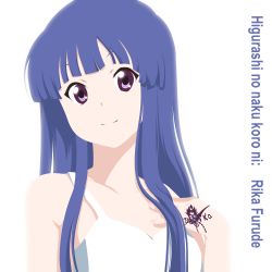  1girl aquilix art_style_parody bad_id bad_pixiv_id blue_hair camisole cover crossover dress furude_rika hand_on_another&#039;s_chest higurashi_no_naku_koro_ni intomemories k-on! long_hair md5_mismatch parody purple_eyes simple_background smile solo tattoo white_background 