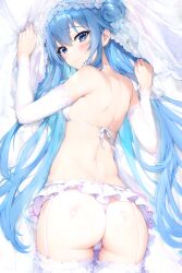 1girl absurdres armpit_crease arms_up ass back bare_back bare_shoulders bikini blue_eyes blue_hair blush breasts cameltoe choker cleft_of_venus closed_mouth dakimakura_(medium) detached_sleeves dress elbow_gloves frilled_choker frilled_thighhighs frills from_behind garter_straps gloves hair_between_eyes hair_bun halterneck high_heels highres hololive hoshimachi_suisei long_hair long_sleeves looking_at_viewer looking_back lying median_furrow microskirt on_stomach single_side_bun skirt small_breasts smile solo star_(symbol) star_in_eye string_bikini sugiki swimsuit symbol_in_eye thighhighs thighs underwear veil very_long_hair virtual_youtuber wedding_dress white_bikini white_choker white_footwear white_skirt white_thighhighs rating:Questionable score:101 user:danbooru