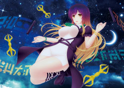  1girl bead_bracelet bead_necklace beads blonde_hair boots bracelet breasts brown_eyes commentary_request cpu_(hexivision) full_body gradient_hair high_heel_boots high_heels hijiri_byakuren jewelry large_breasts long_hair multicolored_hair necklace open_mouth puffy_short_sleeves puffy_sleeves purple_hair short_sleeves sky solo sorcerer&#039;s_sutra_scroll star_(sky) starry_sky touhou vajra_(object) very_long_hair 