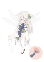  1girl absurdres bestiality blush bug clothed_sex dangling_arms dangling_legs dragonfly egg_laying flying giant_insect grabbing highres hug insect japanese_clothes loli miko nocn one_eye_closed one_shoe original restrained sex simple_background socks tail white_hair wolf_girl x-ray 