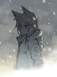 androgynous animal_ears gender_request greyscale h2so4 jacket monochrome short_hair sketch snow solo rating:Sensitive score:3 user:danbooru