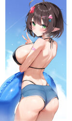  1girl :/ absurdres ahoge arm_under_breasts ass bandaid bandaid_on_arm bikini bikini_under_clothes black_bikini black_hair blue_shorts blush breasts closed_mouth commission cowboy_shot dolphin_shorts dombear green_eyes hair_ornament hairpin halterneck hand_up heart heart_hair_ornament highleg highleg_bikini highres innertube large_breasts looking_at_viewer median_furrow original outside_border pillarboxed pixiv_commission pointy_ears short_hair short_shorts shorts shoulder_blades solo standing string_bikini swim_ring swimsuit turning_head v wet x_hair_ornament 