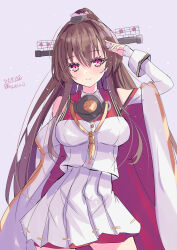  1girl absurdres breasts brown_hair coat collar contrapposto detached_sleeves grey_background highres hizaka kantai_collection kikumon large_breasts long_hair metal_collar one-hour_drawing_challenge pleated_skirt red_eyes shirt simple_background skirt smile solo white_coat white_shirt yamato_(kancolle) yamato_kai_ni_(kancolle) 