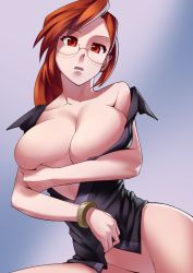 1girl bottomless bracelet breasts brown_hair cleavage clothes_lift covering_breasts covering_privates creatures_(company) deep_skin elite_four female_focus game_freak glasses huge_breasts jewelry long_hair looking_at_viewer lorelei_(pokemon) maydrawfag naked_shirt nintendo no_panties off_shoulder pokemon ponytail red_eyes rimless_eyewear shirt shirt_lift solo rating:Questionable score:226 user:danbooru