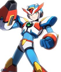  1boy arm_cannon armor blue_helmet chest_jewel clenched_hand cowboy_shot green_eyes helmet highres looking_at_viewer male_focus mega_man_(series) mega_man_x_(series) ohil_(ohil822) shoulder_armor simple_background solo third_armor_x_(mega_man) weapon white_armor white_background x_(mega_man) x_buster 