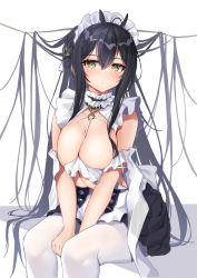 1girl absurdres azur_lane black_hair breasts_squeezed_together breasts classic_(zildjian33) cleavage green_eyes highres huge_breasts indomitable_(azur_lane) indomitable_(ms._motivationless_maid)_(azur_lane) large_breasts long_hair looking_at_viewer maid_headdress official_alternate_costume pantyhose simple_background sitting solo v_arms very_long_hair white_background white_pantyhose rating:Sensitive score:28 user:danbooru