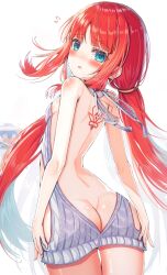  1girl ass backless_outfit blue_eyes blush breasts butt_crack genshin_impact hip_vent long_hair meme_attire nilou_(genshin_impact) pekoli red_hair small_breasts solo sweater tagme twintails very_long_hair virgin_killer_sweater 