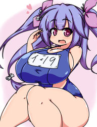  10s 1girl blue_hair breasts female_focus hair_ornament hair_ribbon highres huge_breasts i-19_(kancolle) kantai_collection long_hair long_twintails looking_at_viewer moyashi_udon one-piece_swimsuit open_mouth plump purple_eyes ribbon school_swimsuit simple_background sitting solo swimsuit symbol-shaped_pupils thick_thighs thighs twintails wide_hips  rating:Sensitive score:29 user:Xander