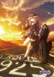  1girl adult_neptune artist_request bare_legs baseball_cap black_choker black_hoodie boots breasts bush choker cleavage cloud cloudy_sky collar collarbone english_text eyes_visible_through_hair full_body hair_between_eyes happy hat highres hood hoodie japanese_text long_hair looking_at_viewer medium_breasts motor_vehicle motorcycle neptune_(series) official_art outdoors purple_eyes purple_hair purple_hoodie road sidelocks sky smile solo street sun sunglasses sunset swept_bangs thigh_strap two-tone_hoodie wrist_cuffs  rating:General score:7 user:Lisbord