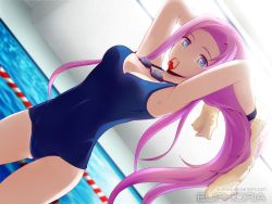  1girl armpits arms_behind_head blue_eyes breasts competition_school_swimsuit copyright_name dutch_angle euphoria female_focus goggles goggles_around_neck highres indoors long_hair looking_at_viewer medium_breasts mouth_hold murasaki_ayame original pink_hair pool poolside school school_swimsuit solo suihara swimsuit towel very_long_hair watermark web_address wristlet 