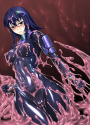  1girl angry blue_eyes blue_hair blush bodysuit breasts cameltoe clothes covered_erect_nipples covered_navel glasses gloves hair_ornament hairclip latex matching_hair/eyes nijou_reiko original rindou_(radical_dream) shiny_clothes short_hair skin_tight slime_(substance) solo thigh_gap wide_hips 