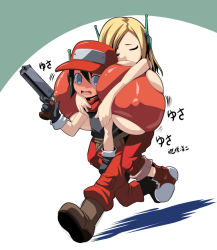 1boy 1girl alternate_breast_size android baseball_cap blonde_hair blue_eyes blush breasts carrying closed_eyes covered_erect_nipples curly_brace doukutsu_monogatari embarrassed full-face_blush gigantic_breasts gun hat huge_breasts inconvenient_breasts kloah long_hair looking_at_viewer no_bra open_mouth pants pants_rolled_up piggyback quote_(doukutsu_monogatari) robot_ears scarf shoes short_hair simple_background sleeping sneakers tank_top underboob weapon rating:Questionable score:93 user:Shadowking11